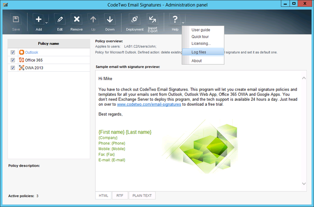 Email signatures - opening Log files window.