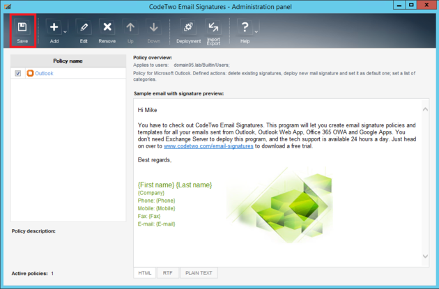 Email Signatures - Save new policy.