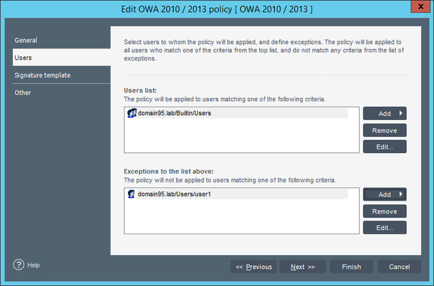 Email Signatures - OWA users selected.