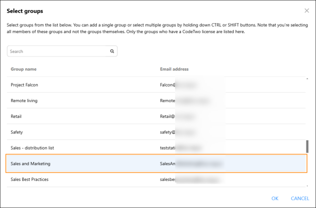 Selecting a group whose members will receive the email signature defined in this signature rule.