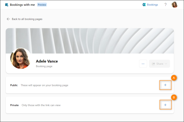 The empty Bookings with me dashboard – you need to add either a public (A) or a private (B) meeting.