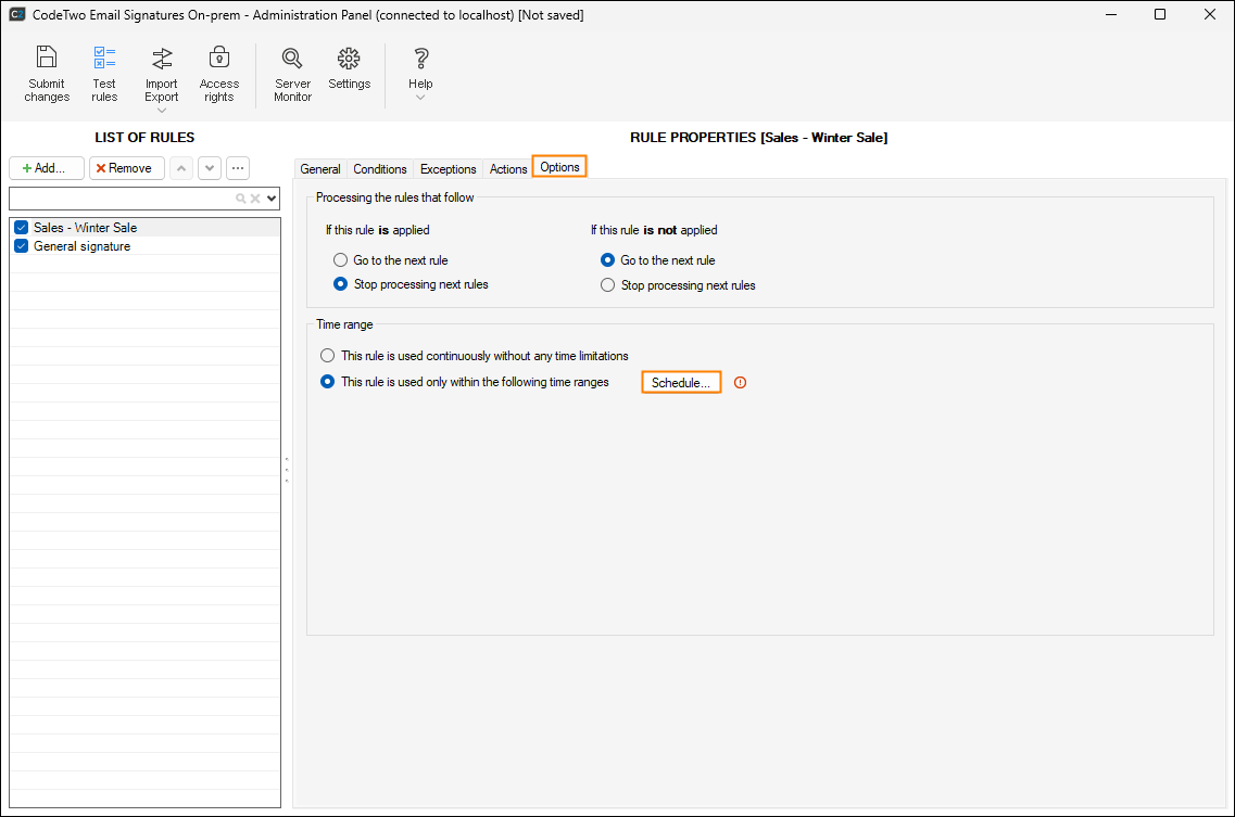 Options tab in CodeTwo Email Signatures On-prem.