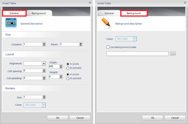 Email Signatures - Insert table editor's options.