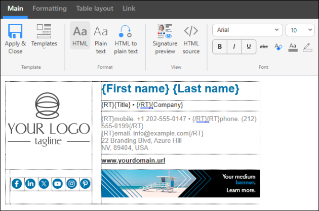 Example of a shared mailbox signature (with the user's personal data and shared contact info).