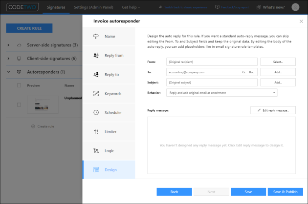Changing the auto-reply message recipient – forwarding the original email to the Accounting Team.