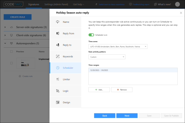 Configuring Scheduler for the festive autoresponder rule.