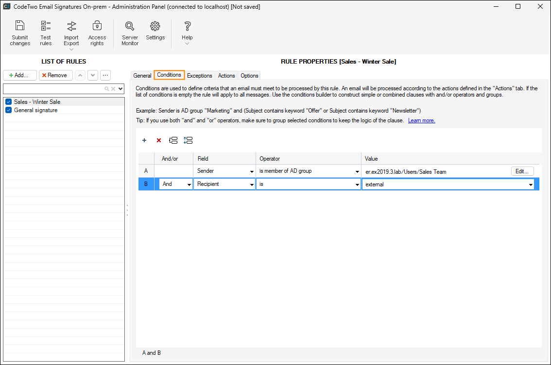 Setting conditions for an email marketing campaign.