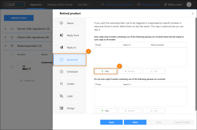 This option lets you define specific keywords that will trigger sending an automatic reply.