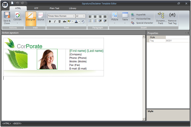 Signature/Disclaimer Template Editor.