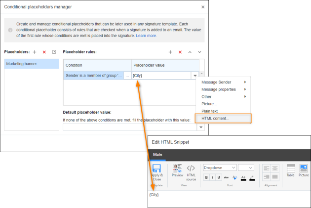 The Edit HTML Snippet window can be used to edit all objects used as placeholder values.