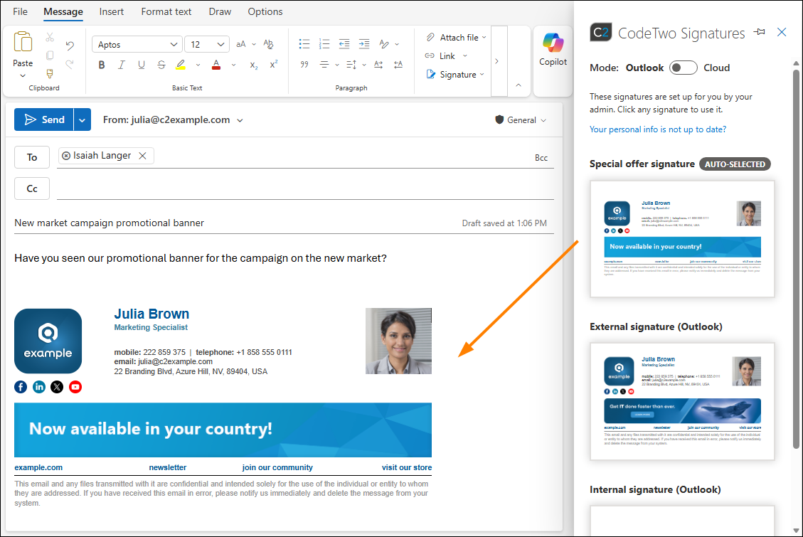 A signature with a promotional banner is added automatically on specified days, with other signatures available in the CodeTwo add-in pane. 