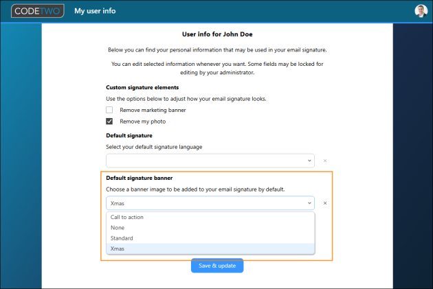 Selecting the default signature banner in the My user info app.