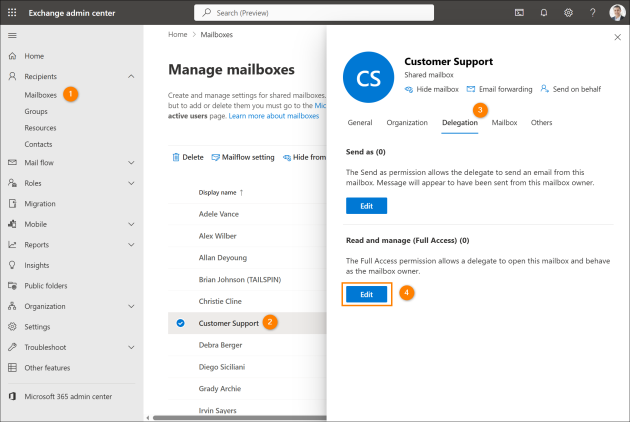 Editing the Full Access permission for a mailbox.