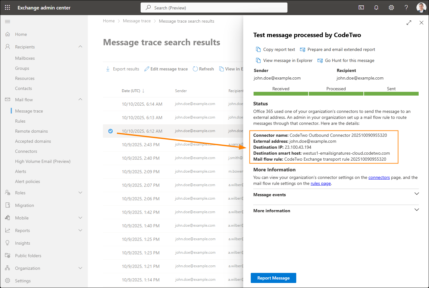 Details of a message routed to the CodeTwo cloud service.