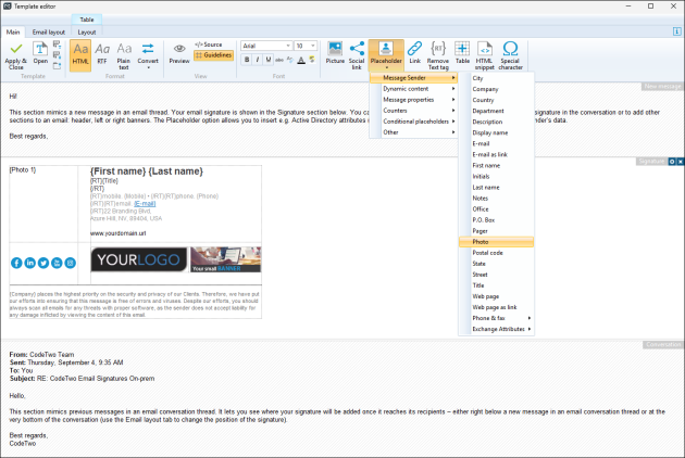 Adding the {Photo} placeholder to an email signature template.