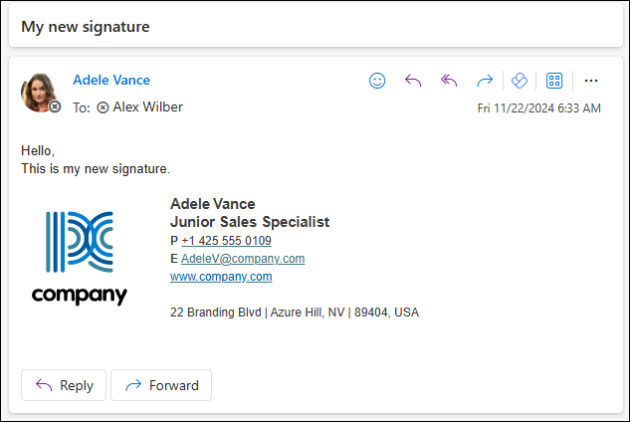 An email sent by a junior sales specialist with a cloud signature added.
