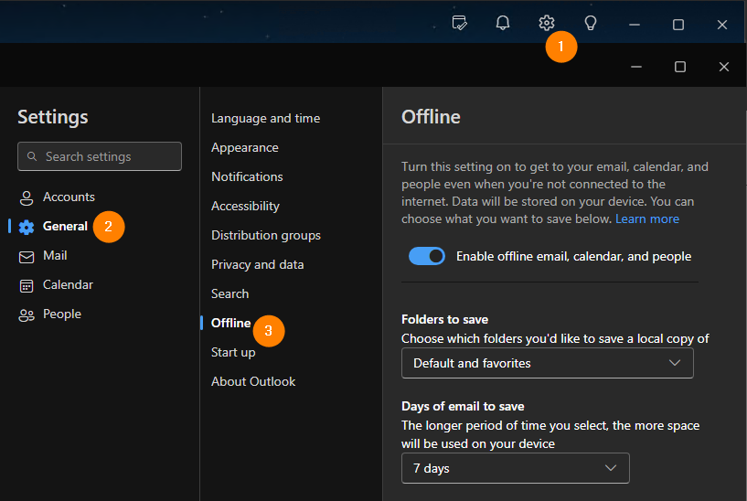 Offline Mode settings in the new Outlook for Windows.
