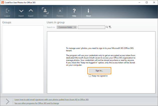 CodeTwo User Photos for Office 365 at first launch.