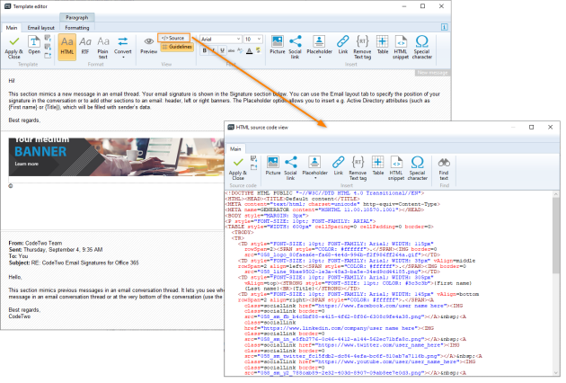 Opening the signature's source code view in CodeTwo Email Signatures On-prem. 