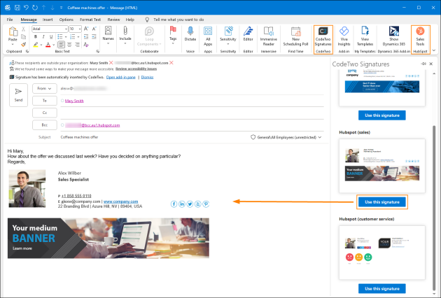 Manually choosing a non-default email signature, depending on your CRM scenario.