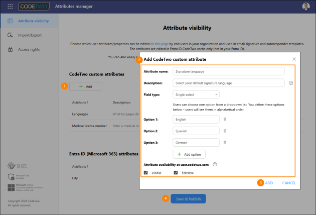 Adding a new CodeTwo custom attribute.