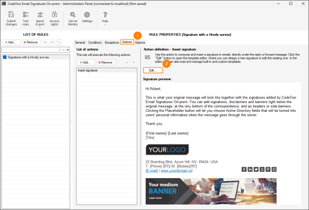Editing an email signature in CodeTwo Email Signatures On-prem.