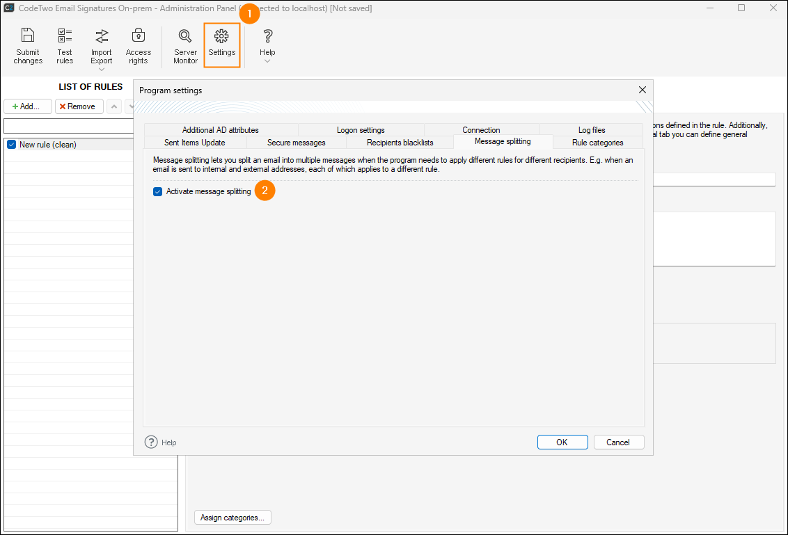 How to activate/deactivate message splitting.