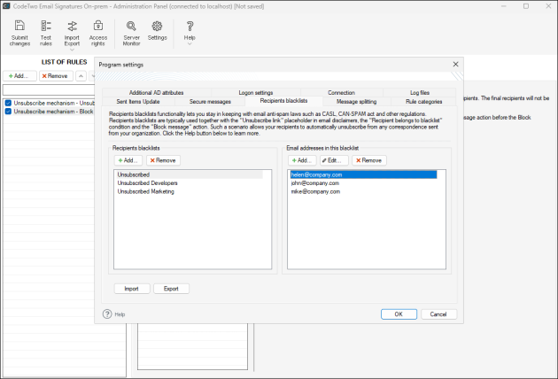 The Recipients blacklists tab in the program's settings.