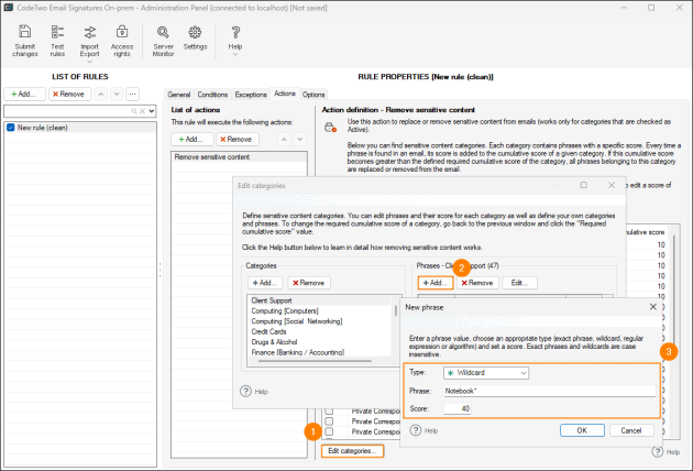 Defining wildcards for phrases in the Remove sensitive content action.