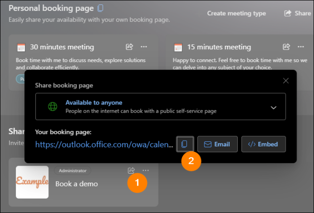 Copying the link to a booking page.