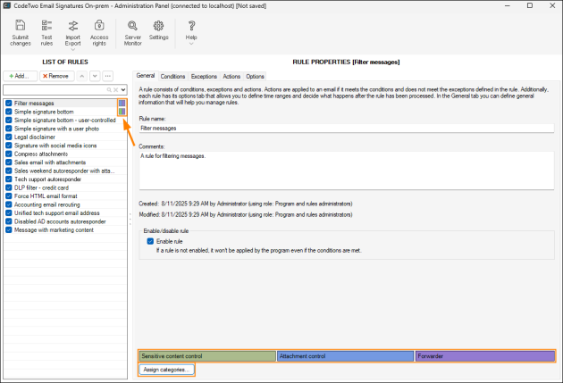 Categories assigned to a rule.
