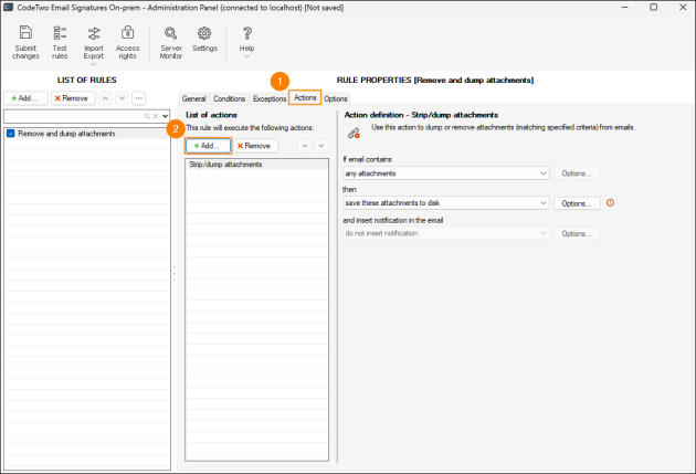 Adding the Strip/dump attachments action.