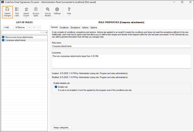 Saving the rules in the Administration Panel.