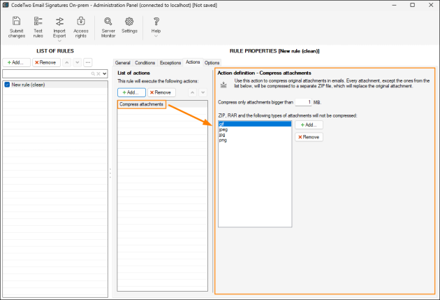 Properties pane of the Compress Attachments action.
