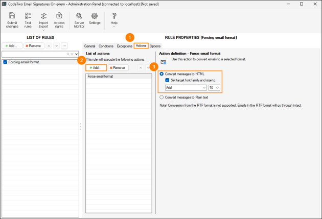 Adding the Force email format action.