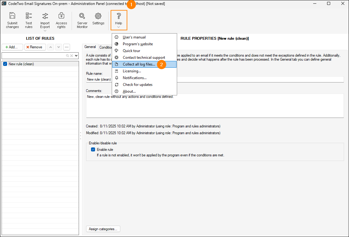 Collecting compressed log files from the Help context menu.