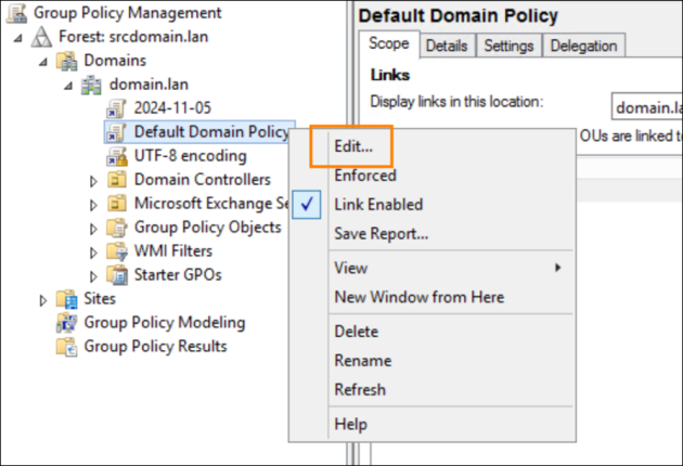 Editing the Default Domain Policy settings.