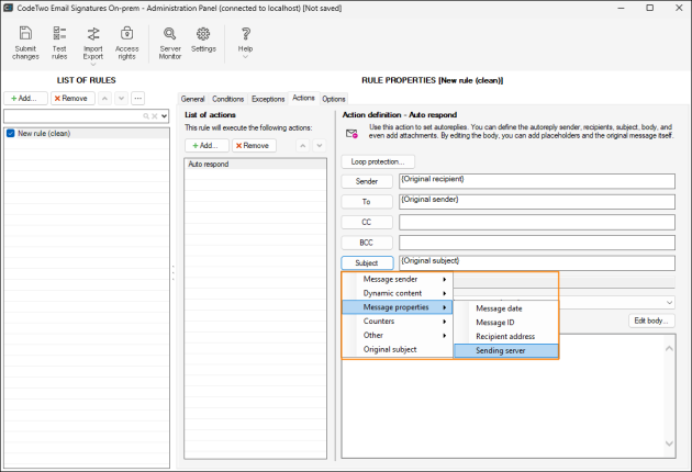 The Subject field options.