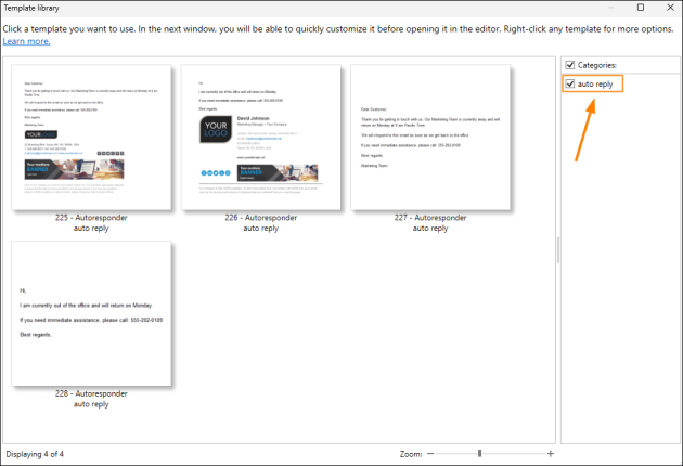 Selecting the checkbox to display auto-reply templates.
