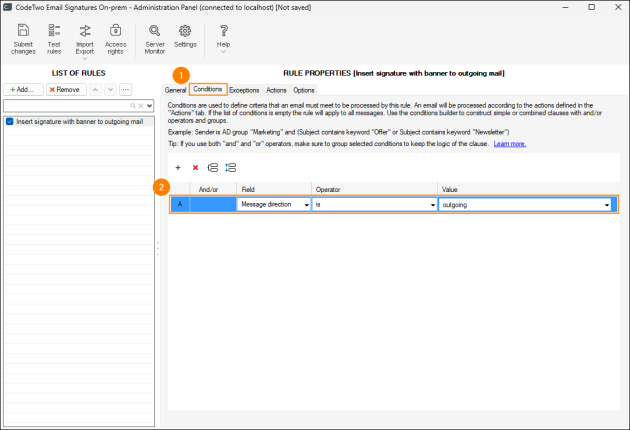 Setting the condition to Message direction is outgoing.