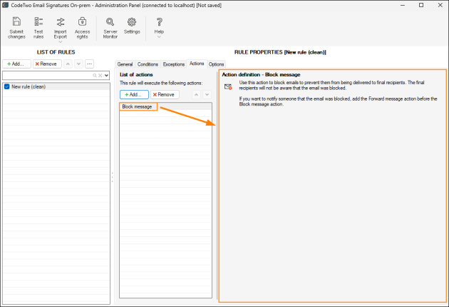 Properties pane for the Block message action.