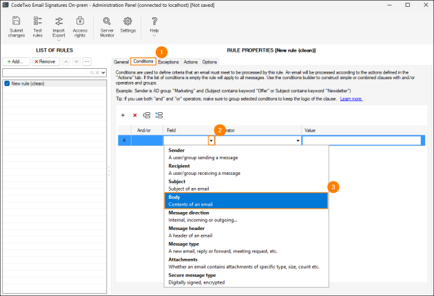 Choosing the Body condition.