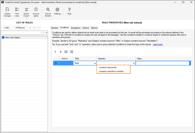 Configuring the Body condition.