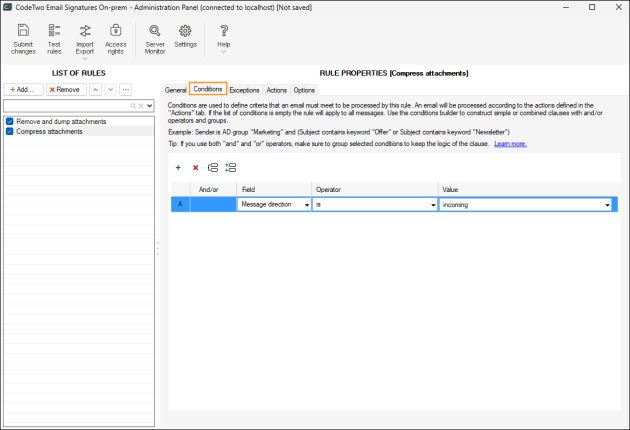 Setting the condition to Message direction is incoming.