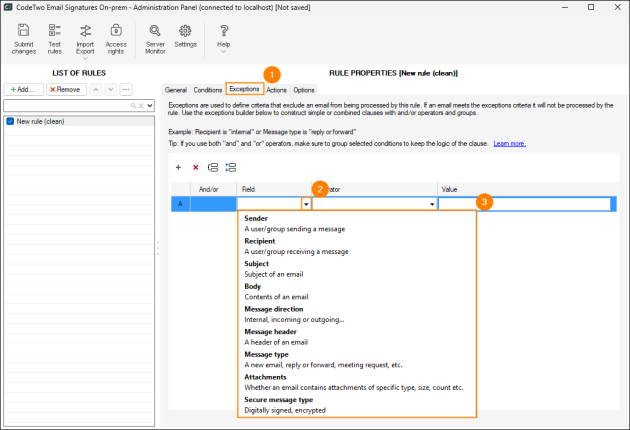 Exceptions tab with all available exceptions.