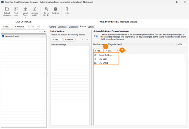 Choosing the type of recipient for the Forward message action.
