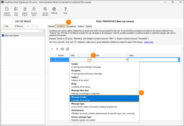 Choosing the Message header condition.