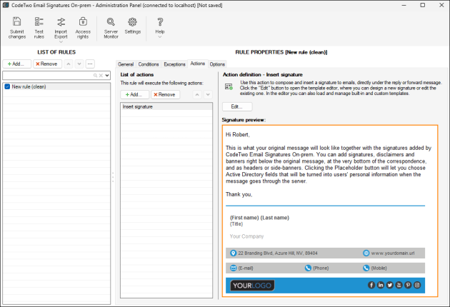 Signature preview visible in the action's properties.