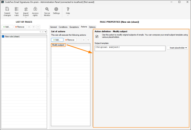 Properties pane of the Modify subject action.