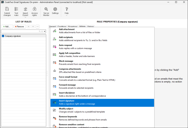 Selecting the Insert signature action.